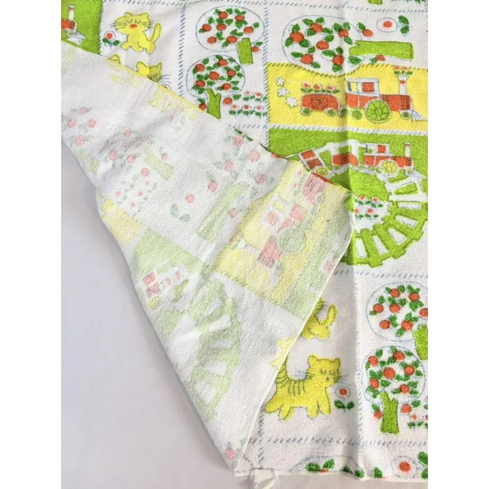 Vintage Baby Receiving Blanket Green Yellow Orange Trees Cats Trains 26x39